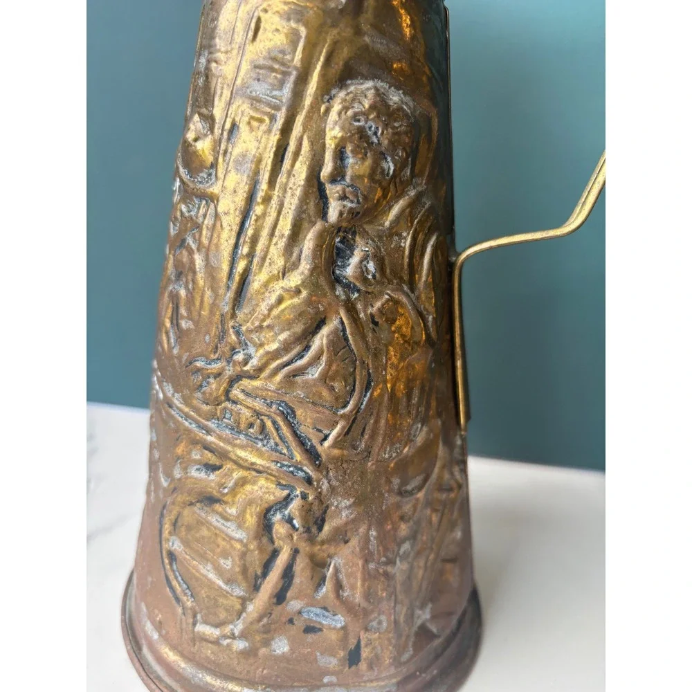 Vintage Embossed Brass Pitcher Repousse Tavern Scene Decorative 10 Inch England